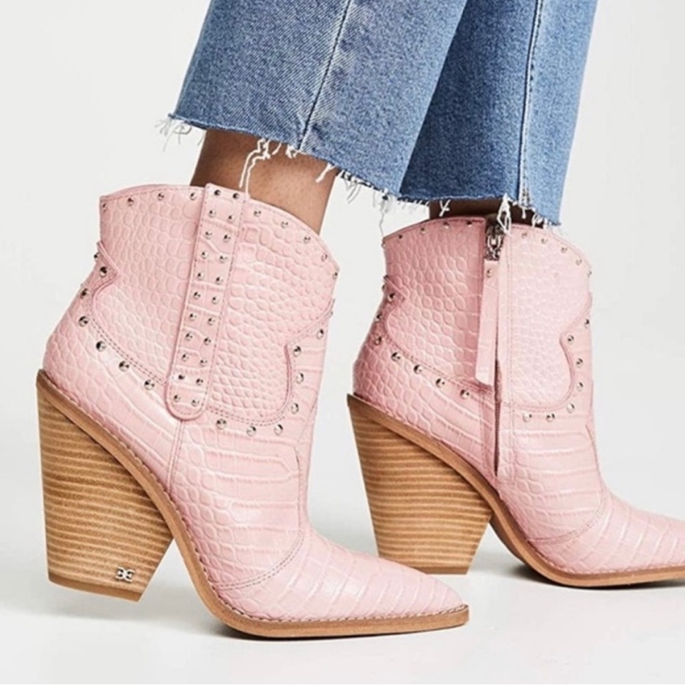 Sam Edelman Iris Pink Croc Leather Western Booties